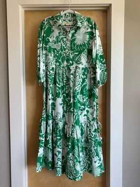Maeve Anthropologie Bettina Tiered Shirt Dress Sz S Green Botanical Puff Sleeve